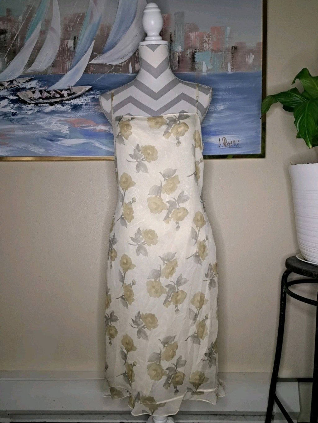 Valentino Cream Slip Midi Dress With Yellow Floral Print